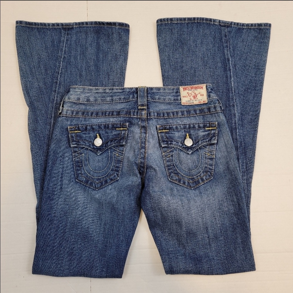 True Religion Blue Distressed Lace-Up Flare Jeans - Picture 4 of 12